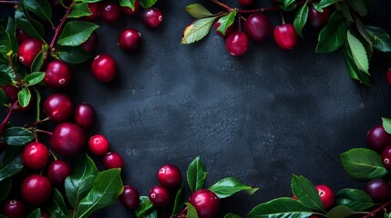 Sticker - Fresh, ripe plums with green leaves scattered on a dark textured background, creating a vibrant and rich display.