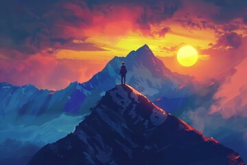 Wall Mural - A figure taking a deep breath at the peak of a mountain, overlooking a sunrise that marks the beginning of a new chapter