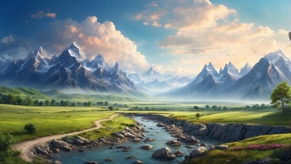 Canvas Print - landscape with lake and mountains