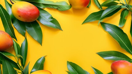 Canvas Print - Fresh colorful mangoes with vibrant green leaves on a vivid yellow background with copy space.