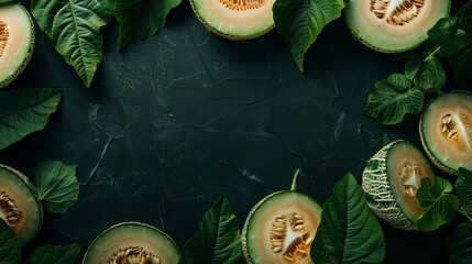 Wall Mural - Artistic display of sliced cantaloupes and lush green leaves on a textured dark background.