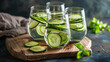 Glasses of fresh cucumber water on wooden board