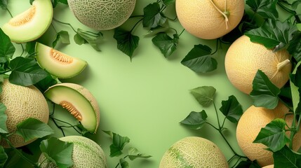 Wall Mural - Fresh whole and sliced cantaloupes surrounded by lush green leaves on a light green background.