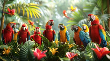 Wall Mural - A group of colorful parrots are sitting in a lush green jungle