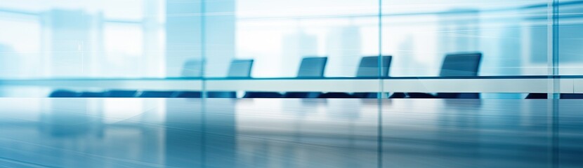 Wall Mural - Executive Gathering: Conference Table and Blue Chairs Arranged Before Glass Wall Backdrop