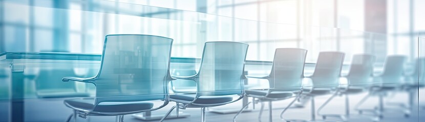 Wall Mural - Executive Gathering: Conference Table and Blue Chairs Arranged Before Glass Wall Backdrop