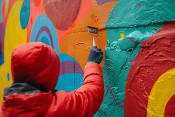 Wall Mural - A person painting a vibrant mural over a previously blank and dark wall, illustrating the return of creativity and color to life