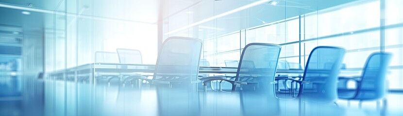 Wall Mural - Executive Gathering: Conference Table and Blue Chairs Arranged Before Glass Wall Backdrop