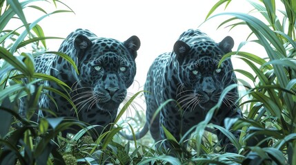 Wall Mural - Two black panthers are walking through a jungle