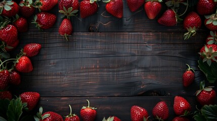 Canvas Print - Fresh strawberries arranged on a dark wooden table with ample copy space in the center.