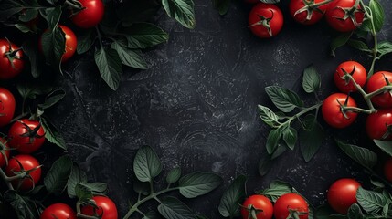 Wall Mural - Fresh ripe tomatoes with leaves on a dark textured background, ideal for food banners.