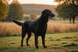© ThomasLENNE - full body of Curly-Coated Retriever dog on blurred countryside background, copy space