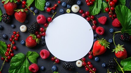 Poster - Colorful array of fresh berries and leaves surrounding a blank white circle, ideal for copy space on a dark background.