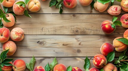 Sticker - Fresh peaches with leaves arranged on a rustic wooden table, offering a vibrant display of summer fruit.