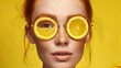 Close-up portrait of a beautiful red-haired girl with freckles on her face and glasses with lemon slices on a yellow background