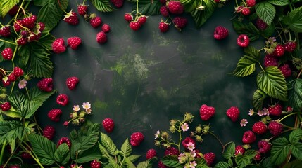 Canvas Print - Lush frame of raspberries, red currants, leaves, and flowers on dark green background.