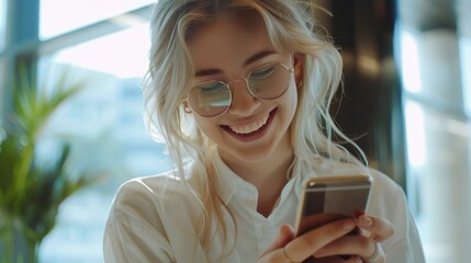 Wall Mural - Smiling Young Woman with Smartphone