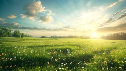 Wall Mural - sunrise over lush field with flowering plants and bright blue sky