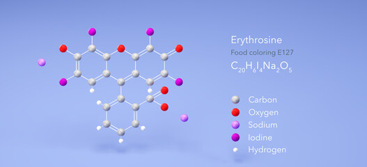 Canvas Print - erythrosine molecule, molecular structures, food coloring e127, 3d model, Structural Chemical Formula and Atoms with Color Coding