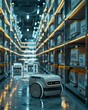Small autonomous robots sorting packages in a logistics warehouse, with visible barcodes and organized shelves