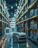 Fototapeta  - Small autonomous robots sorting packages in a logistics warehouse, with visible barcodes and organized shelves