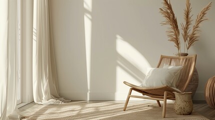 Sticker - A serene living room corner with sunlight streaming through curtains onto a wicker chair and potted plants.