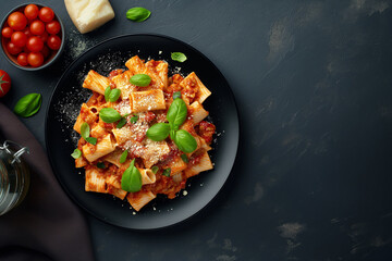 Pasta with tomato sauce and parmesan on dark background, top view. Italian food concept