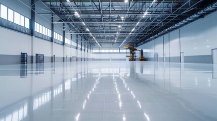  Spacious industrial facility with glossy self-leveling flooring and a forklift moving in the background.