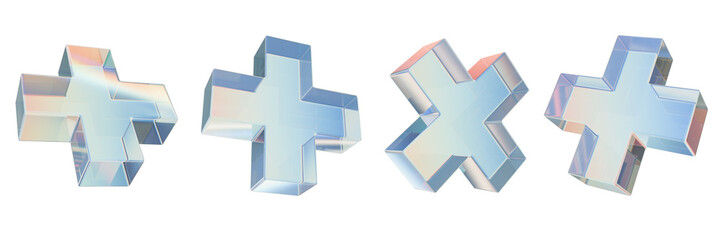 Wall Mural - 3D glass cross icon set, render gradient crystal plus collection, holographic abstract figure kit. Modern pharmacy medical help sign, retro futuristic transparent material objects. Glass cross clipart