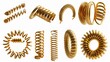 A realistic set of golden elastic springy coils in different shapes for suspension or machine absorber on white background.