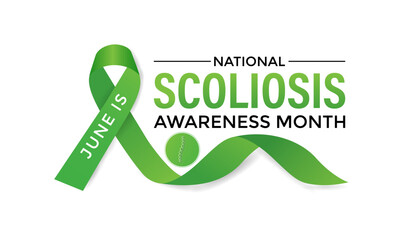 Vector illustration on the theme of National Scoliosis awareness month observed each year in June. Green ribbon with human body design illustration. Banner poster, flyer and background design.
