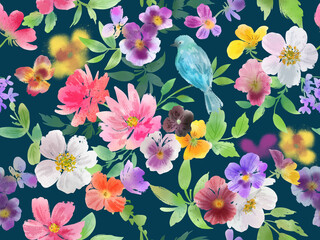 Wall Mural - Pansy and Bluebird Seamless Pattern、Hand-drawn Pansy Floral Pattern