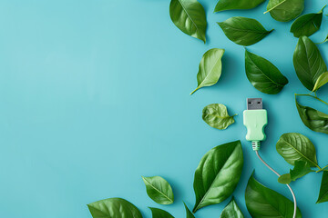 Green electric switch with leafs on blue background, top view. On light pastel color surface flat lay concept of eco friendly energy saving or ecology technology