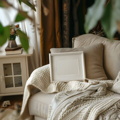 Wall Mural - white photo frame mockup in the living room, nordic style, white cozy sofa