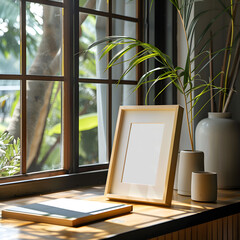 Wall Mural - photo frame with flowers and vase, wooden frame, near the window, sunlight	