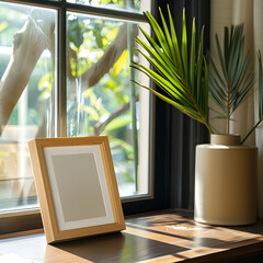 Wall Mural - photo frame with flowers and vase, wooden frame, near the window, sunlight	