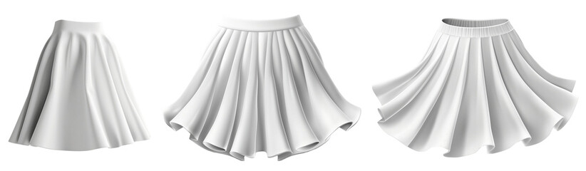 different model skirt on transparent background. pleated skirt mock up. White, gray and black variation