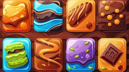 Wall Mural - The image of a set of glossy icons shows an icon set with glossy lollipop, caramel with wavy stripes, and dessert with pistachio and crumbs.