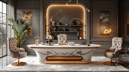 Wall Mural - Luxe executive workspace with a marble and gold desk, plush leather chair, and modern holographic screens.