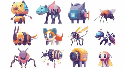 Sticker - Modern set of cartoon robotics animals, mechanical and electronic characters, artificial intelligence, and cyborgs.