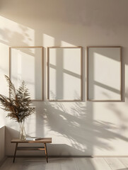 empty three wooden frame mockup in room, near the window, shadow