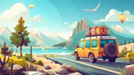 The poster illustrates a car driving along the highway on the way to the sea shore. A modern banner of travel, summer vacation, and journey with a cartoon illustration of mountains, a highway, and a