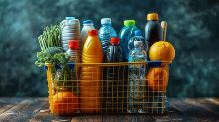 Sticker - Detailed photograph of a shopping cart overflowing with fitness apparel and workout gear, isolated on a bright blue background, symbolizing