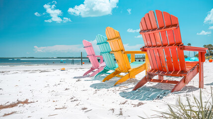 Wall Mural - Colorful beach chairs on sand. Summer vacation with a blue sky and ocean background