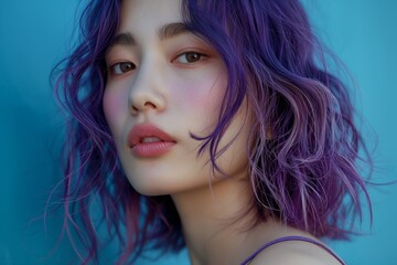 Poster - Close up of a young Asian woman with wavy purple hair, set against a striking blue background