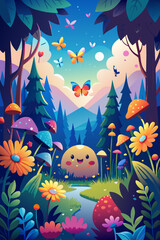 Wall Mural - Enchanted Forest Fantasy Landscape with Vibrant Flora and Fauna World Emoji Day