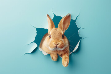 Cute easter bunny poster peeking out of a hole in the wall with copy space, rabbit jumps out of a torn hole. Generative AI