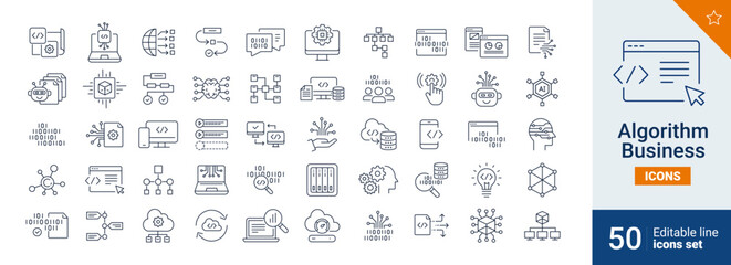 Wall Mural - algorithm icons pixel perfect. setup, system, data, ...