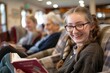 A joyful teenage girl reads a book with elderly women in a cozy indoor setting, promoting intergenerational bonding through reading.