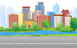 View of a modern city located on the bank of a river. And a highway runs along the river bank. Vector illustration.